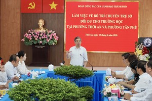 党中央委员、胡志明市市委副书记、市越南祖国阵线委员会主席阮福禄在关于调配和改建多余办事处成为学校方案的工作会议上发表讲话。图：黄雄