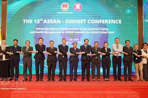 出席论坛开幕式的代表们合影留念。图自越通社