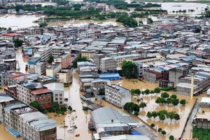  7月6日，受2026年第10号台风“美莎克”影响，中国广西南宁横州市校椅镇平山村遭洪水侵袭。(无人机照片)。图源：中新网