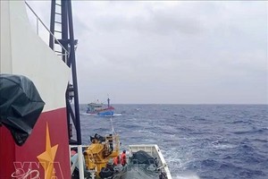 KN 462号船将BĐ-98387-TS号渔船（嘉莱省）及9名渔民拖带回西礁岛避风港。图：越通社发