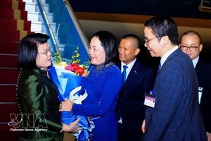 越南国会副主席阮氏清在机场迎接柬埔寨国会主席昆索达莉。图自越通社