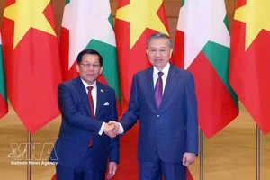 越南党中央总书记、国家主席苏林同缅甸总统敏昂莱举行会谈。 图自越通社