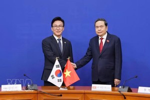 越南国会主席陈青敏会见韩国执政党共同民主党党首金民锡。图自越通社