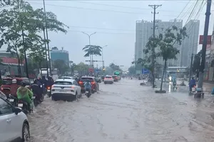 大雨持续整夜，9月15日清晨河内市莱舍区域出现积水现象。图:阮胜
