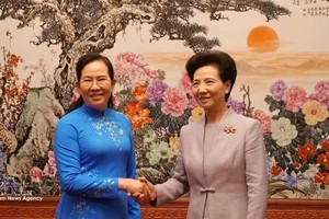 越南妇联会主席黎氏水与中华全国妇女联合会主席谭贻琴。图自越通社