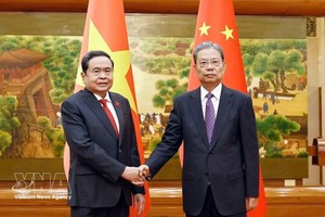 越南国会主席陈青敏与中国全国人大常委会委员长赵乐际。图自越通社