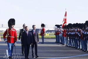 皇家礼宾司司长邀请越南党中央总书记、国家主席苏林与丹麦国王一同检阅仪仗队。图自越通社