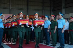 将英雄烈士遗骸样本送上军用飞机运往河内进行DNA鉴定。图自越通社