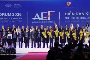 政府领导及出席AEF 2026的代表、胡志明市国际金融中心成员及投资者合影。图自越通社