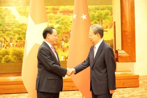 越南党中央委员、国会副主席、越中友好议员小组主席陈光方会见中共中央政治局常委、全国人大常委会委员长赵乐际。