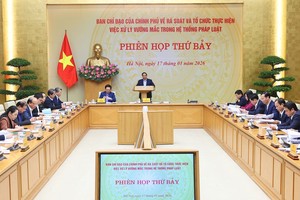 越南政府总理、政府核查解决法律障碍指委会主任范明政主持会议。图：越通社