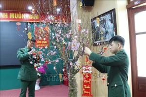 谅山省友谊国际口岸边防哨所官兵在单位修剪并装饰年货桃花。图：光维