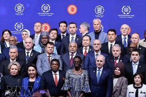 越南国会主席陈青敏与各国代表团团长合影。图：越通社