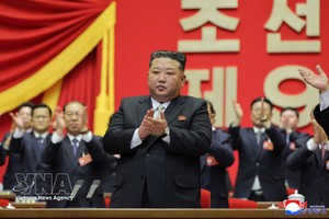 2月22日，朝鲜最高领导人金正恩在平壤出席朝鲜劳动党第九次代表大会。图：韩联社/越通社