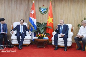 越南共产党中央政治局委员、越南外交部长黎怀忠会见古巴总理曼努埃尔·马雷罗·克鲁斯。图：越通社