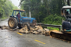 职能力量调集机械清理林同省鹗岭上的山体滑坡现场。