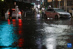 8月13日在日本千叶县拍摄的被雨水淹没的道路。图：新华社