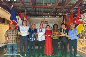 东盟各国大使与驻马普托外交使团代表在美食节上合影，展现团结友好精神。图：越通社