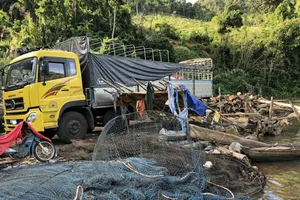 Xe cẩu ngang nhiên vào hồ thủy điện vận chuyển gỗ lậu