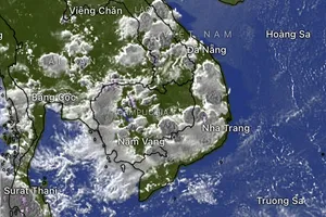 Ảnh vệ tinh lúc 17 giờ 30 phút tại khu vực Nam bộ và Nam Trung bộ, Tây Nguyên với các ổ mây dông dày đặc. Nguồn: WINDY