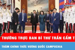 Lễ đón trọng thể Thường trực Ban Bí thư Trần Cẩm Tú thăm chính thức Vương quốc Campuchia