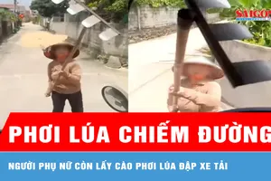 Người phụ nữ phơi lúa lấn đường, còn vác cào đập xe tải