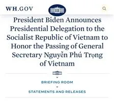 TTXVN: Thông báo của Nhà Trắng