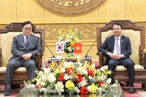 宁平省委书记邓春峰（右）与韩国国会议长禹元植。图自越通社 