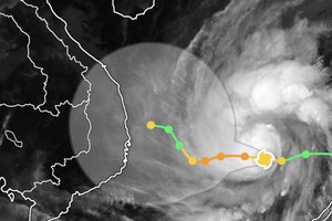 11月26日晚上6时55分（越南时间）卫星图像及美国模型更新的15号台风移动路径预报。 