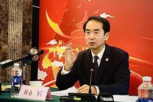 中国驻越南大使馆何炜在座谈会上发表讲话。图自越通社 