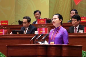 党中央委员、祖国阵线与中央各团体机关党委常务副书记、越南祖国阵线中央委员会副主席兼秘书长何氏娥作专题报告。图自越通社 