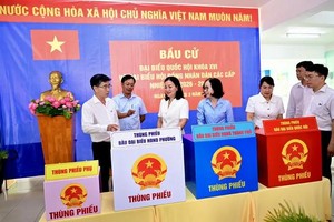 张氏碧幸副主席与工作团成员检查新富坊的投票点。 