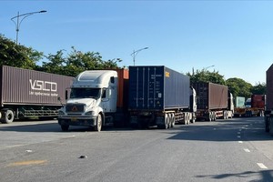 卡车、集装箱车停满滨艺街两侧。