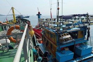 常备民兵海队在山茶海域救援QNg 48988 TS号渔船。