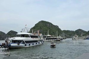 游船载客参观下龙湾。