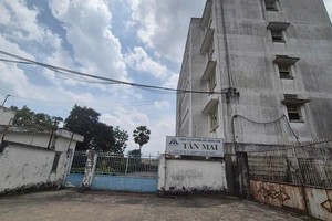 新梅房地产股份公司招牌，地块内有一栋约4层、面积数百平方米的楼房及一排四级住房，没有在运作的迹象。