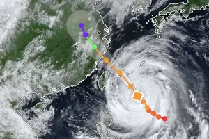 根据Z.E在向日葵（Himawari）卫星云图的图表显示，7月10日上午9时的“巴维”台风中心位置。截图