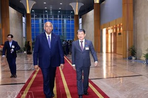 国会国防安全与对外委员会常务副主任武海河到内牌国际机场迎接科特迪瓦国民议会议长帕特里克·阿希。