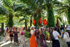 国际代表团参加越南各民族文化旅游村的体验活动。