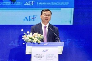 胡志明市人委会副主席阮功荣在专题讨论会上致开幕辞。图：雄—朝