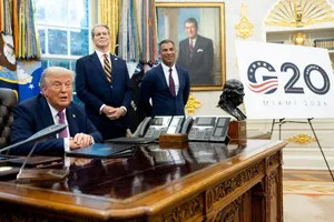 Tổng thống Mỹ Donald Trump thông tin về địa điểm tổ chức Hội nghị thượng đỉnh G20. Ảnh: FRANCIS CHUNG/ POLITICAL 