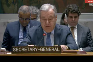 Tổng thư ký LHQ Antonio Guterres tại phiên họp đặc biệt khẩn cấp thảo luận về các cuộc tấn của Israel và Mỹ nhằm vào Iran. Ảnh: UNTV/ARAB NEWS 