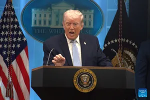 Tổng thống Mỹ Donald Trump tại buổi họp báo. Ảnh: XINHUA 