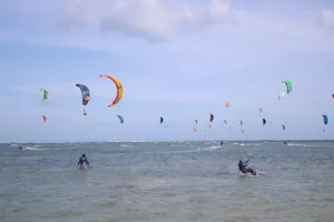 Những chiếc ván diều nhiều màu sắc tung bay trên nền trời