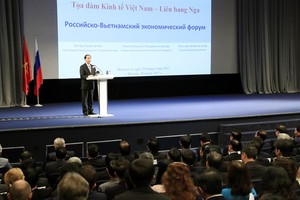 President Tran Dai Quang gives a speech at yesterday’s Vietnam-Russia economic seminar in Moscow. (Photo: VNA/VNS)