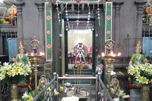 In the center is the shrine of the Goddess Mariamman and in a relief above the shrine the goddess is seated with the gods Ganesha and Naaga on either side.