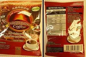Cà phê thảo dược "New of Kopi Jantan Tradisional Natural Herbs Coffee" bị thu hồi vì chứa hoạt chất như thuốc Viagra. Ảnh: FDA