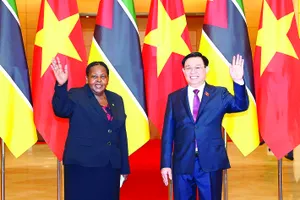 Chủ tịch Quốc hội Vương Đình Huệ và Chủ tịch Quốc hội Cộng hòa Mozambique Esperanca Laurinda Francisco  Nhiuane Bias tại buổi hội đàm. Ảnh: TTXVN