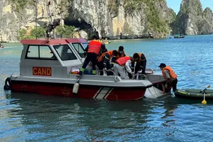 Các xuồng thuộc Phòng Cảnh sát Phòng cháy chữa cháy và Cứu nạn cứu hộ (Công an tỉnh Quảng Ninh) tham gia tìm kiếm khu vực trên vịnh Hạ Long. Ảnh: TTXVN