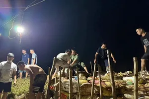Lực lượng chức năng và người dân xã Đa Phúc, TP Hà Nội gia cố bờ đê vào đêm 8-10